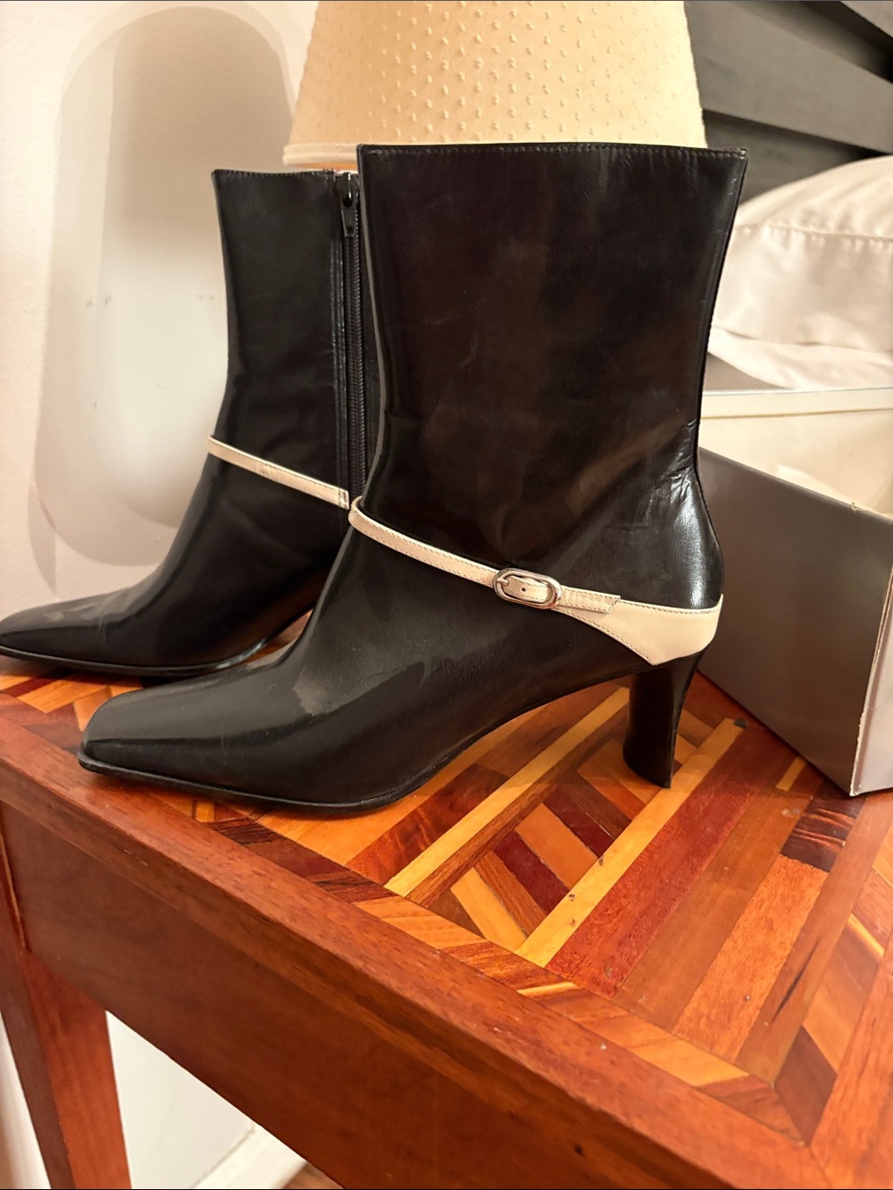 Nine West Black Leather Ankle Boots with Cream Strap